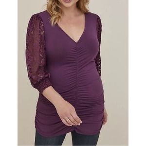 Torrid 5X plum‎ SUPER SOFT KNIT Tunic Top Plus Size LACE SLEEVE Ruched NWT Plum